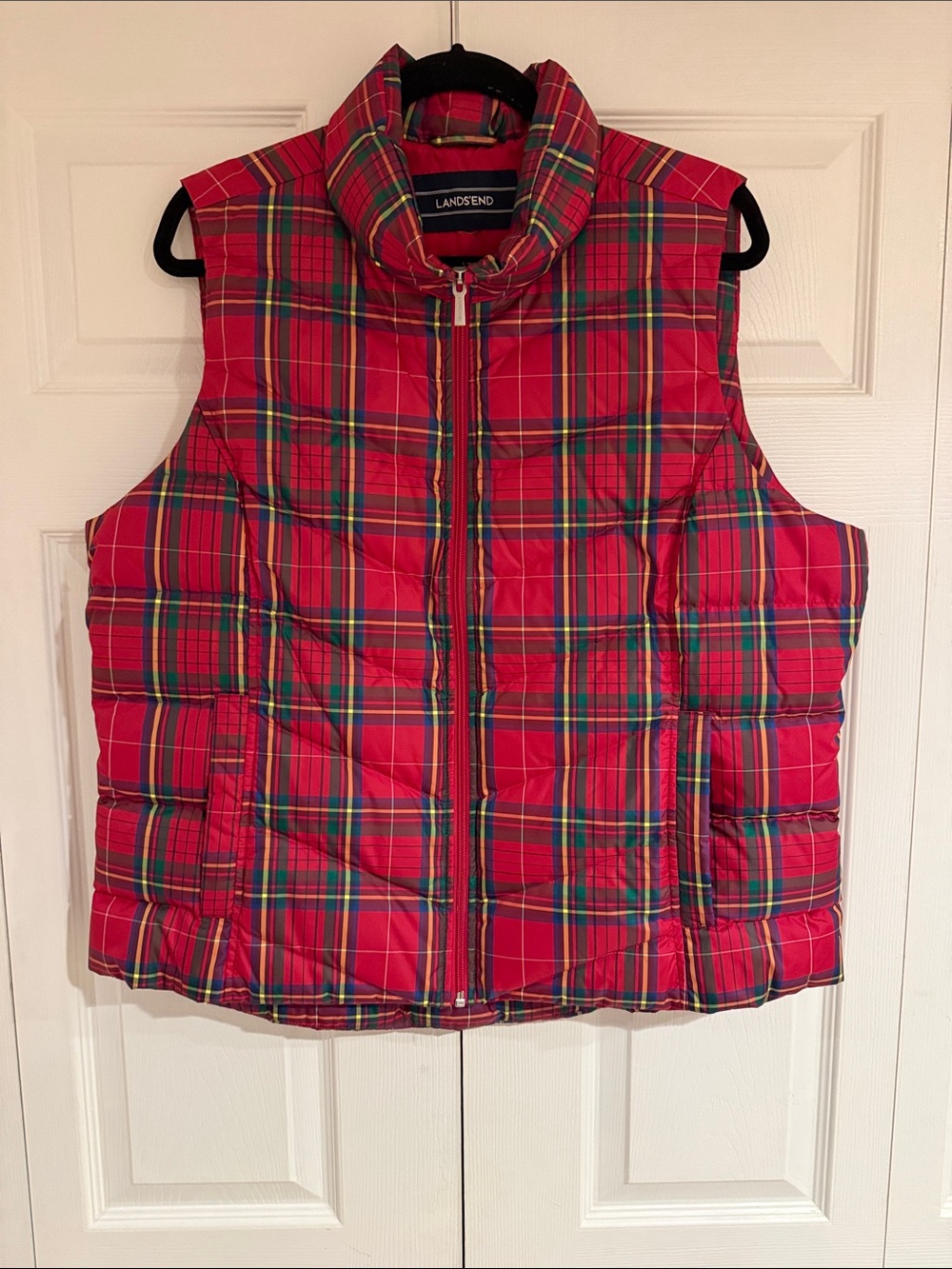Lands' End Kids Red Green Plaid Puffer Vest